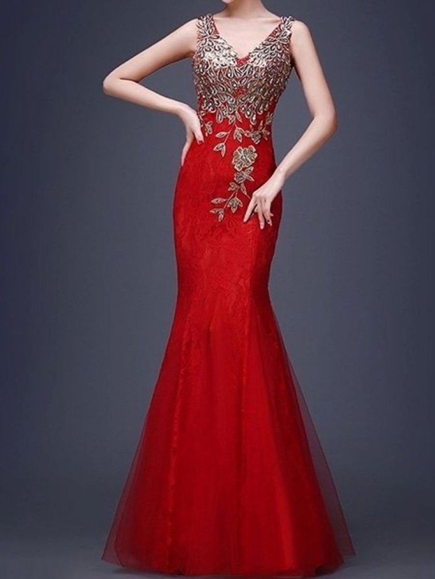 V-Neck Applique Mermaid Evening Dress