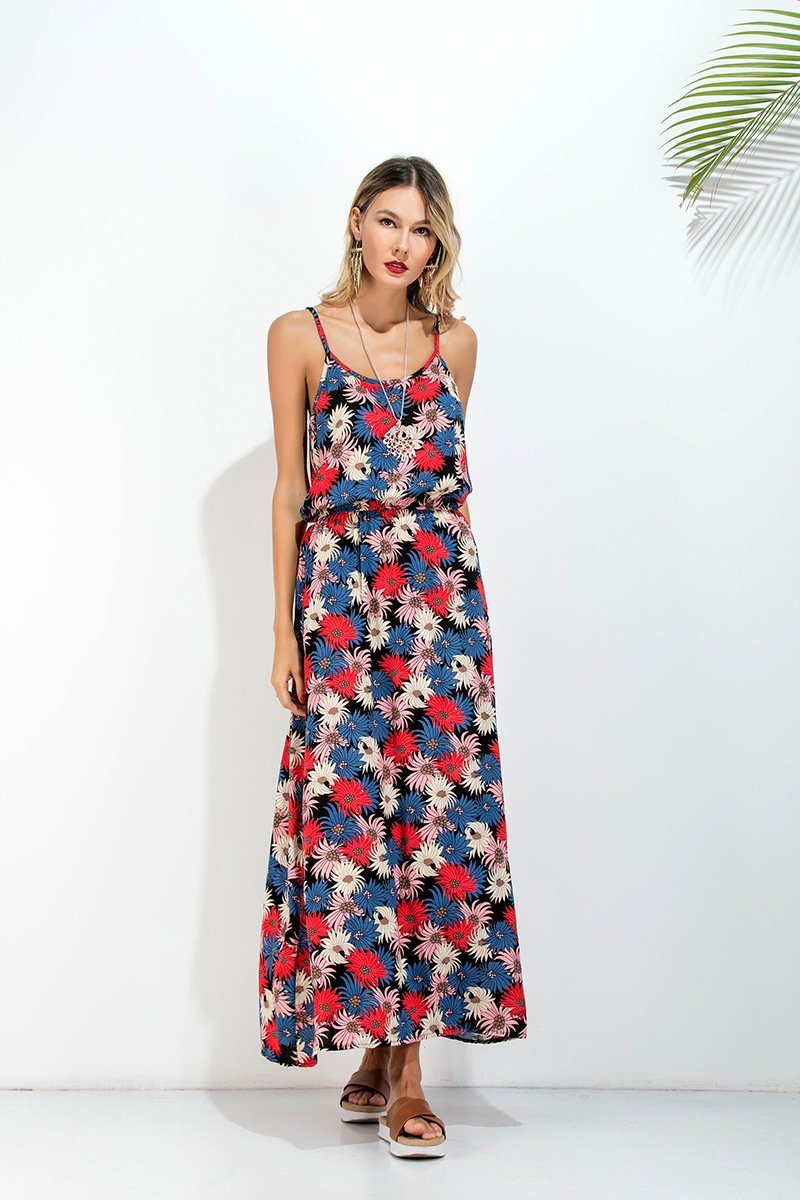 Floral Print Spaghetti Strap Backless Bohemia Maxi Dress