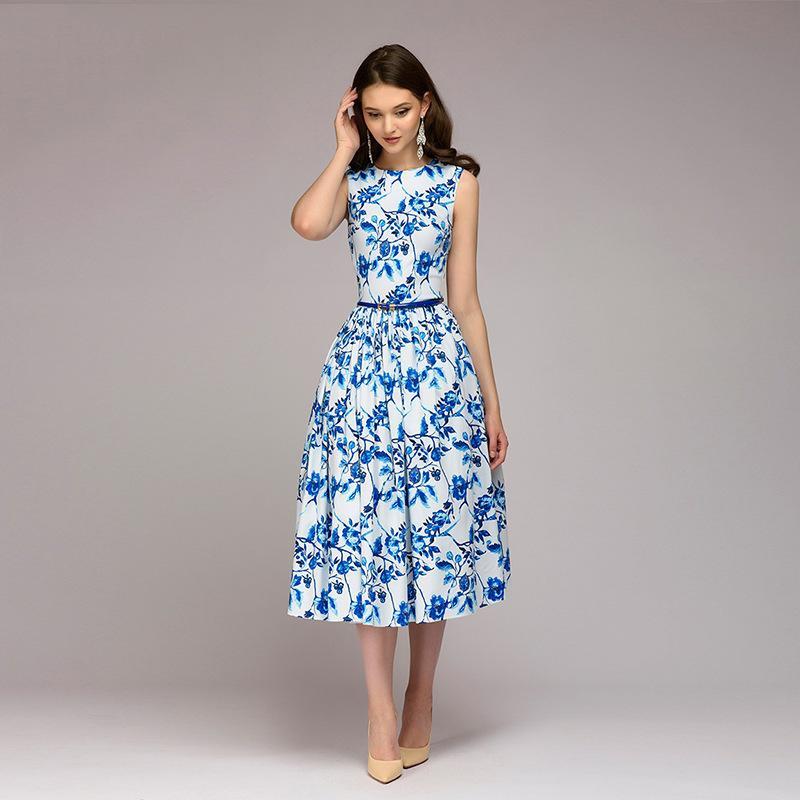 2018 Hepburn Style mini dress big hem print dress