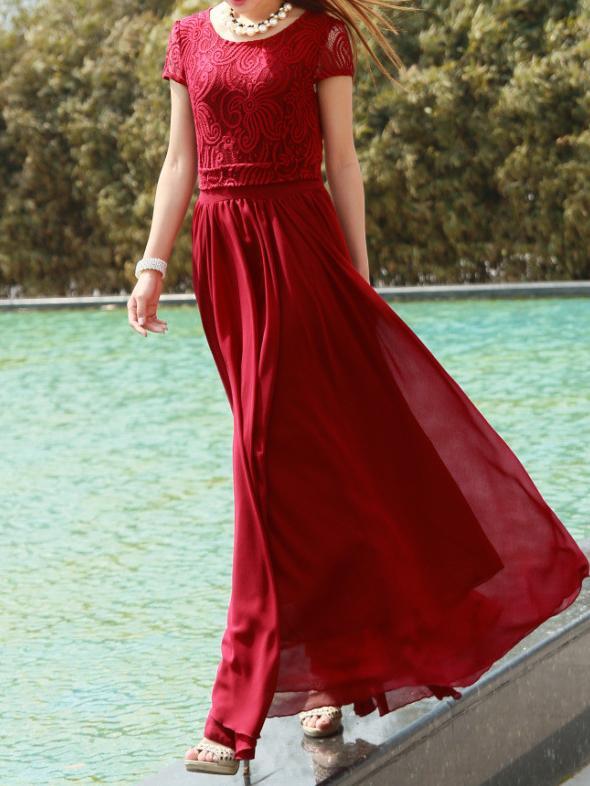 Elegant Solid Color Chiffon Short Sleeve Maxi Party Dress