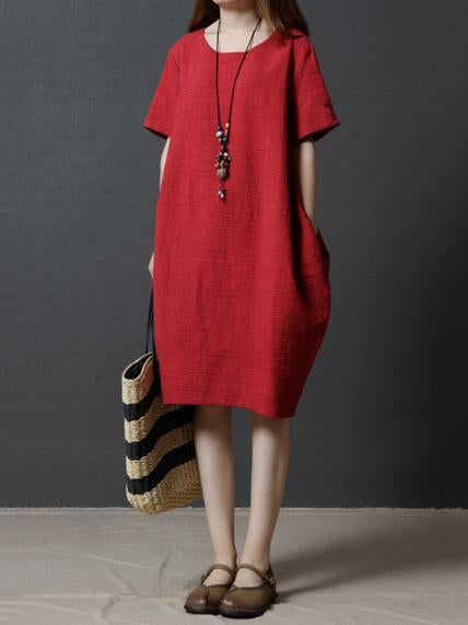 Pure Color Short Sleeve Loose Pockets Midi Dress