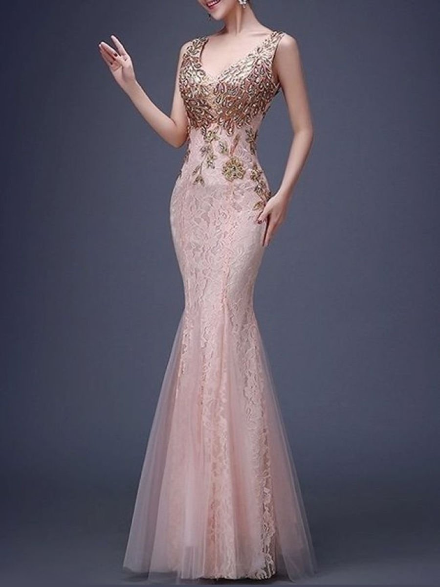 V-Neck Applique Mermaid Evening Dress