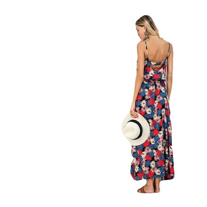 Floral Print Spaghetti Strap Backless Bohemia Maxi Dress