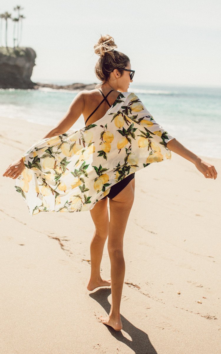 Fashion Lemon Print Short Sleeve Outwear Bikini Cover Up