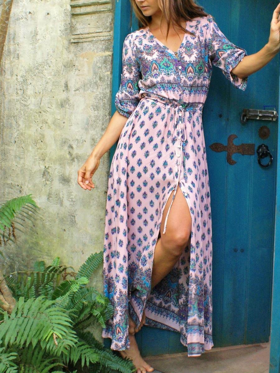 Pretty Bohemia Floral V Neck Half Sleeve Front Split Maxi Dress