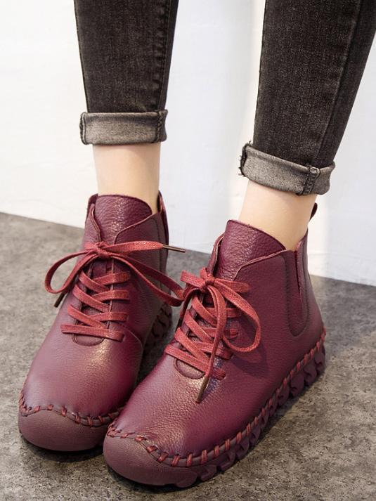 Winter Solid Color Genuine leather Booties