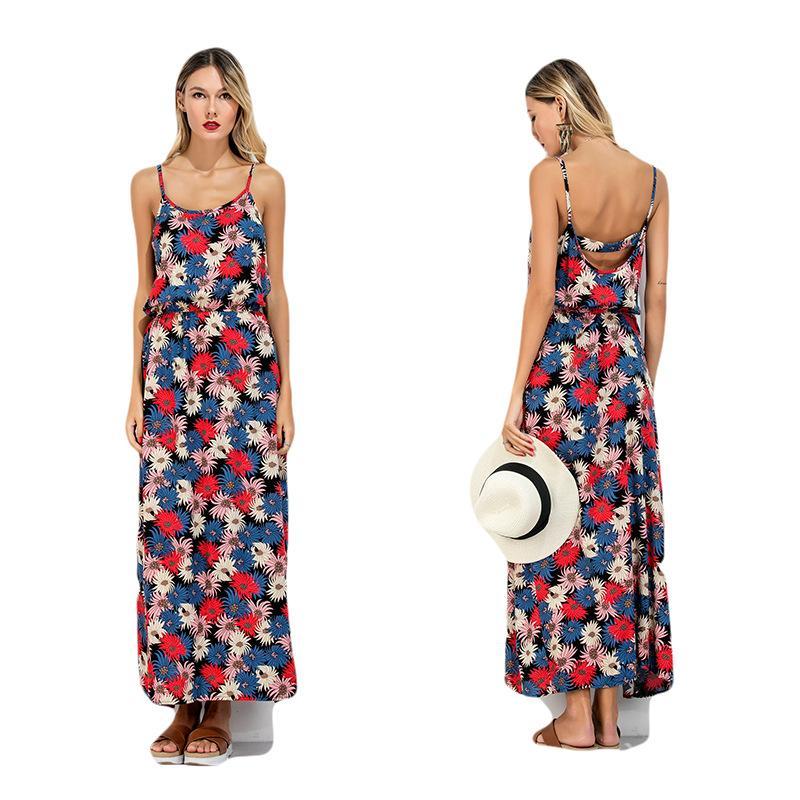 Floral Print Spaghetti Strap Backless Bohemia Maxi Dress