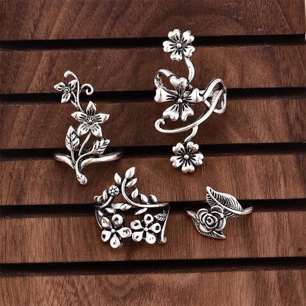 Vintage 4 Pcs Ring Set Bohemian Flower Silver Rings Punk Knuckle Ring Set