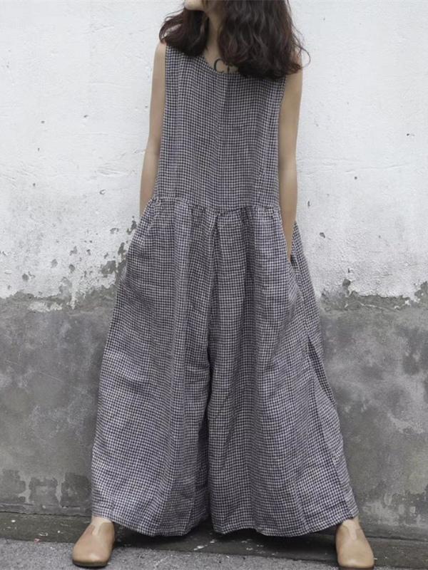 Free Size Linen Cotton Sleeveless Pockets Wide Leg Pants Jumpsuit