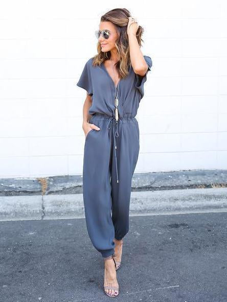 V Neck Short Sleeve Solid Color Jumpsuit Romper