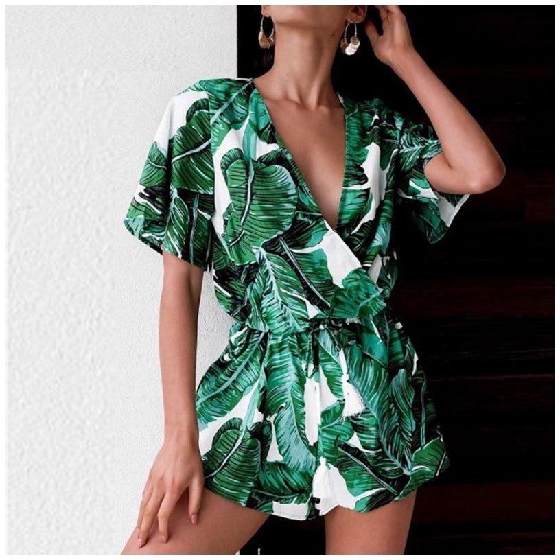 Green Leaves Tropical Floral Sleeves Fringes Bohemia Jumpsuit