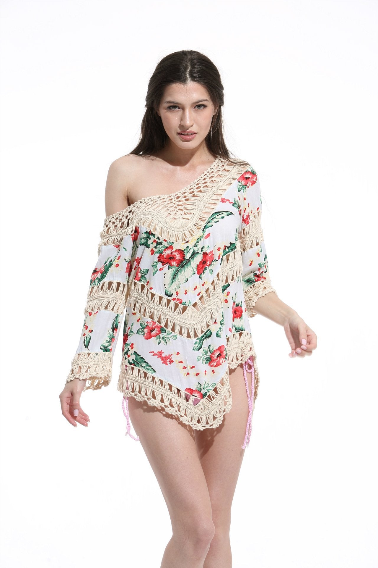 Print Lace Pullover Beach Swimwear Tops Bikini Cover Up