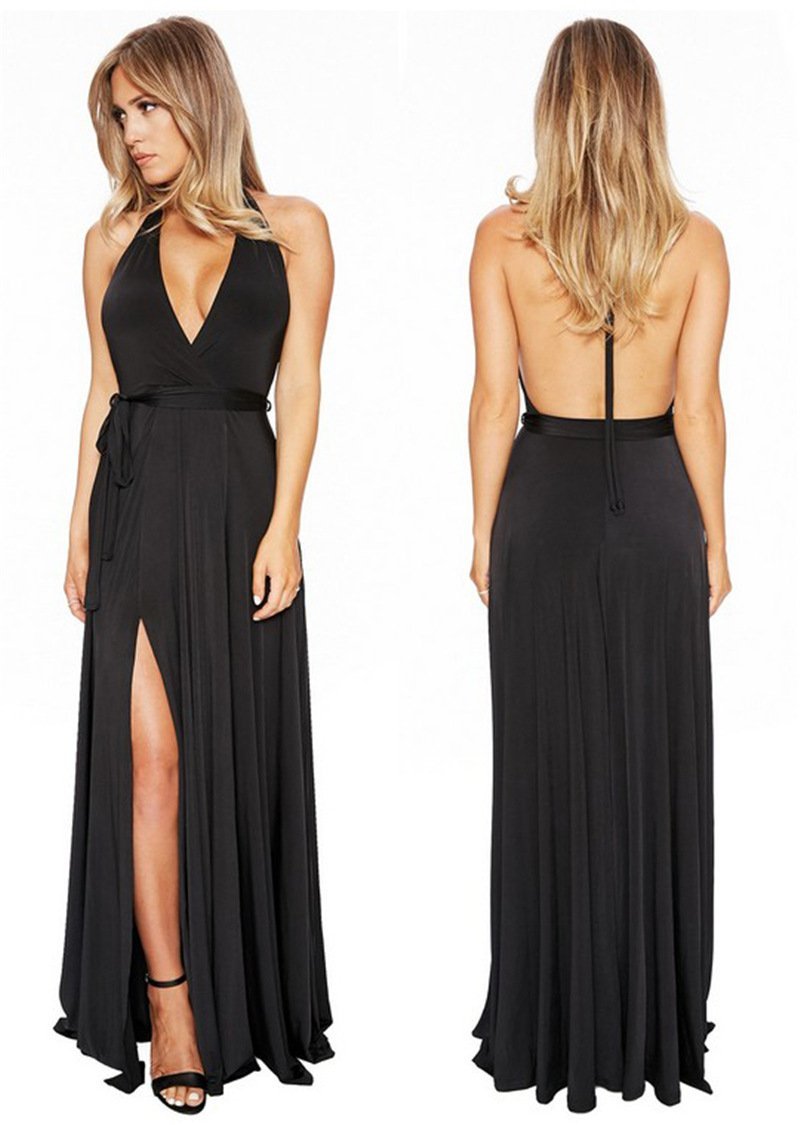 Sexy long skirt solid color V-neck halter dress new banquet evening dress