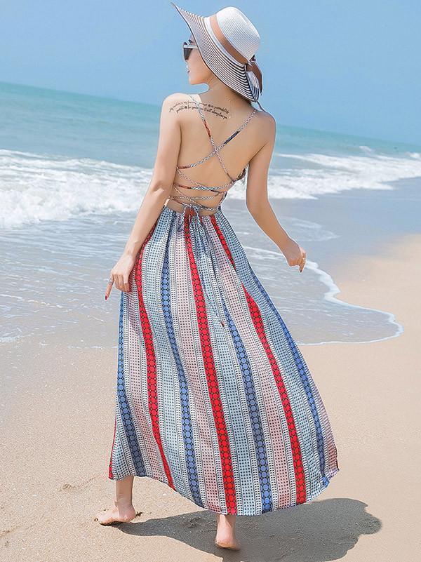 Sexy Bohemia Spaghetti Straps Deep V Neck Backless Beach Maxi Dress