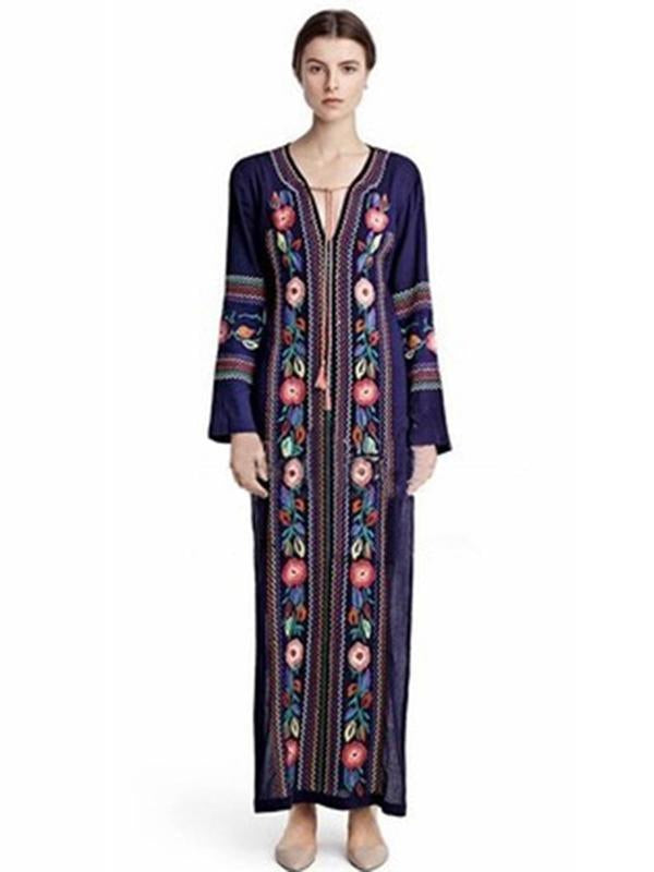 Pretty Bohemia Embroidery Long Sleeve V Neck Side Split Maxi Beach Dress