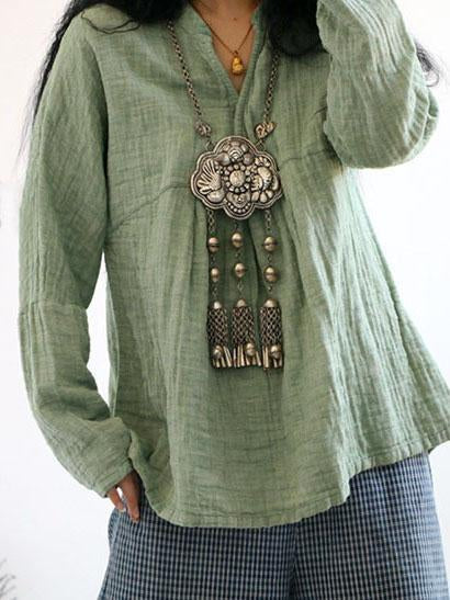 Solid Color Long Sleeve Linen Cotton Loose Tops Blouse