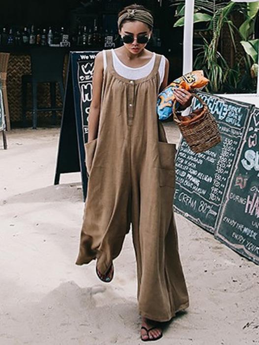 Linen Cotton Loose Casual Pockets Jumpsuit