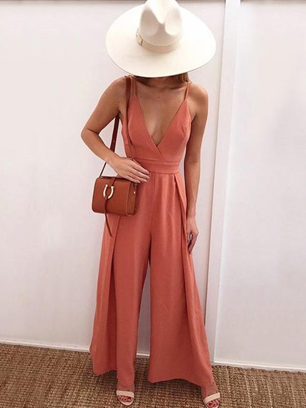 2018 Sexy Spaghetti Strap Solid Color Wide Leg Pants Jumpsuit Rompers