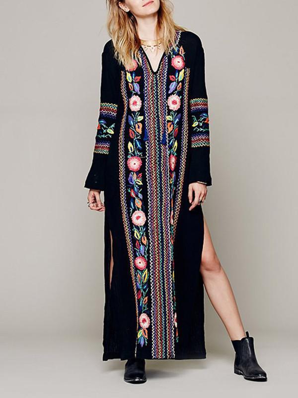 Pretty Bohemia Embroidery Long Sleeve V Neck Side Split Maxi Beach Dress