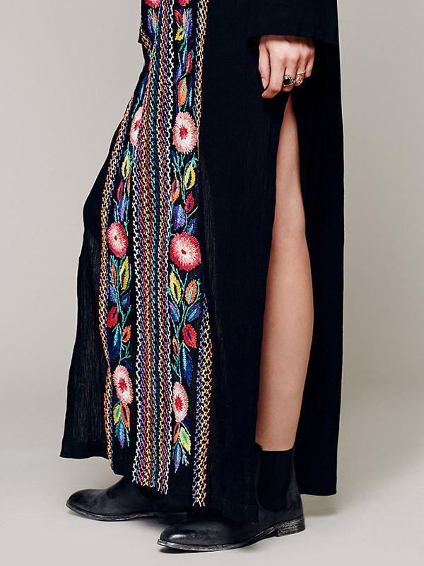 Pretty Bohemia Embroidery Long Sleeve V Neck Side Split Maxi Beach Dress