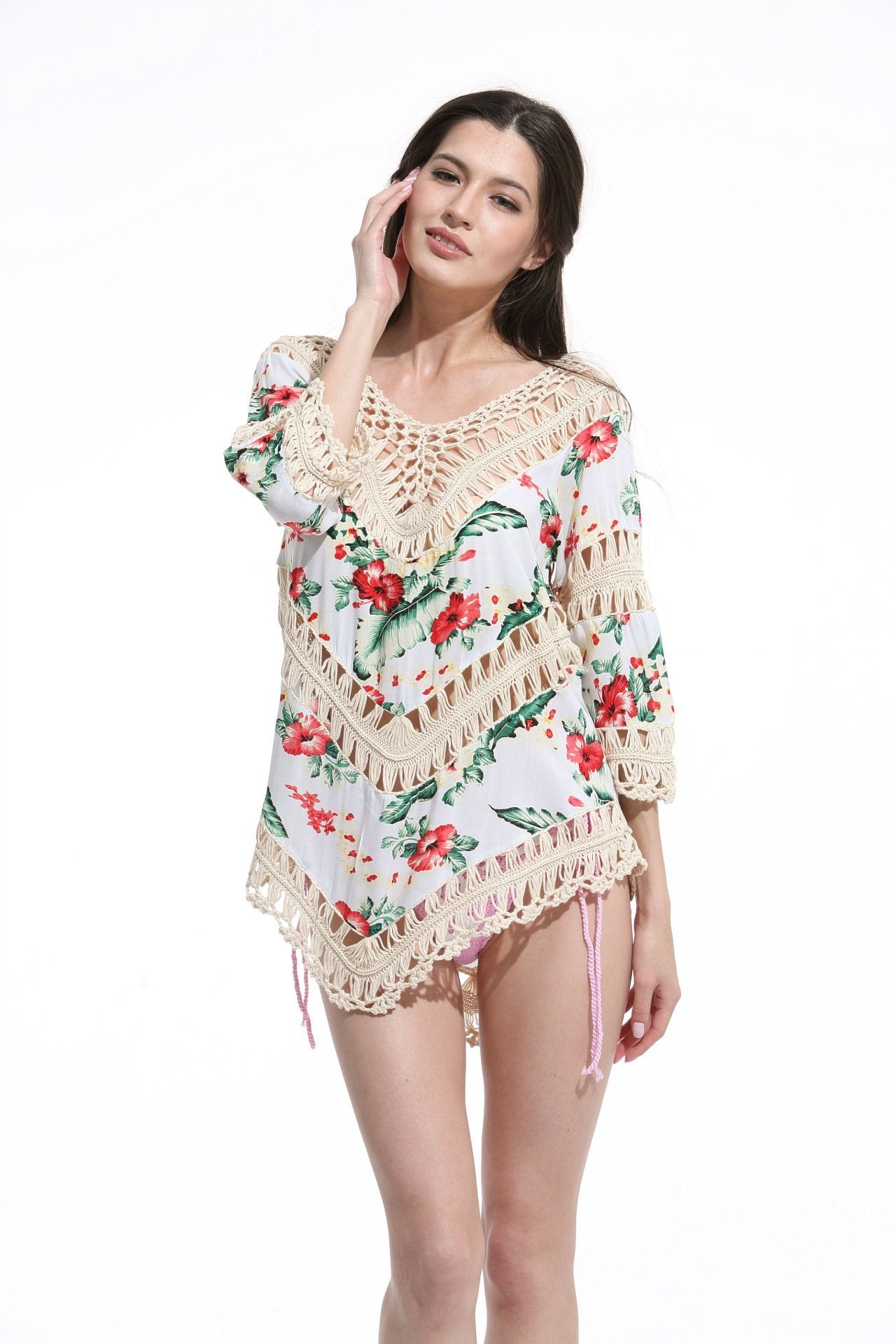 Print Lace Pullover Beach Swimwear Tops Bikini Cover Up