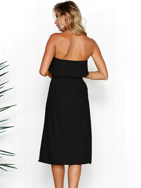 Off Shoulder Button Solid Color Summer Midi Dress