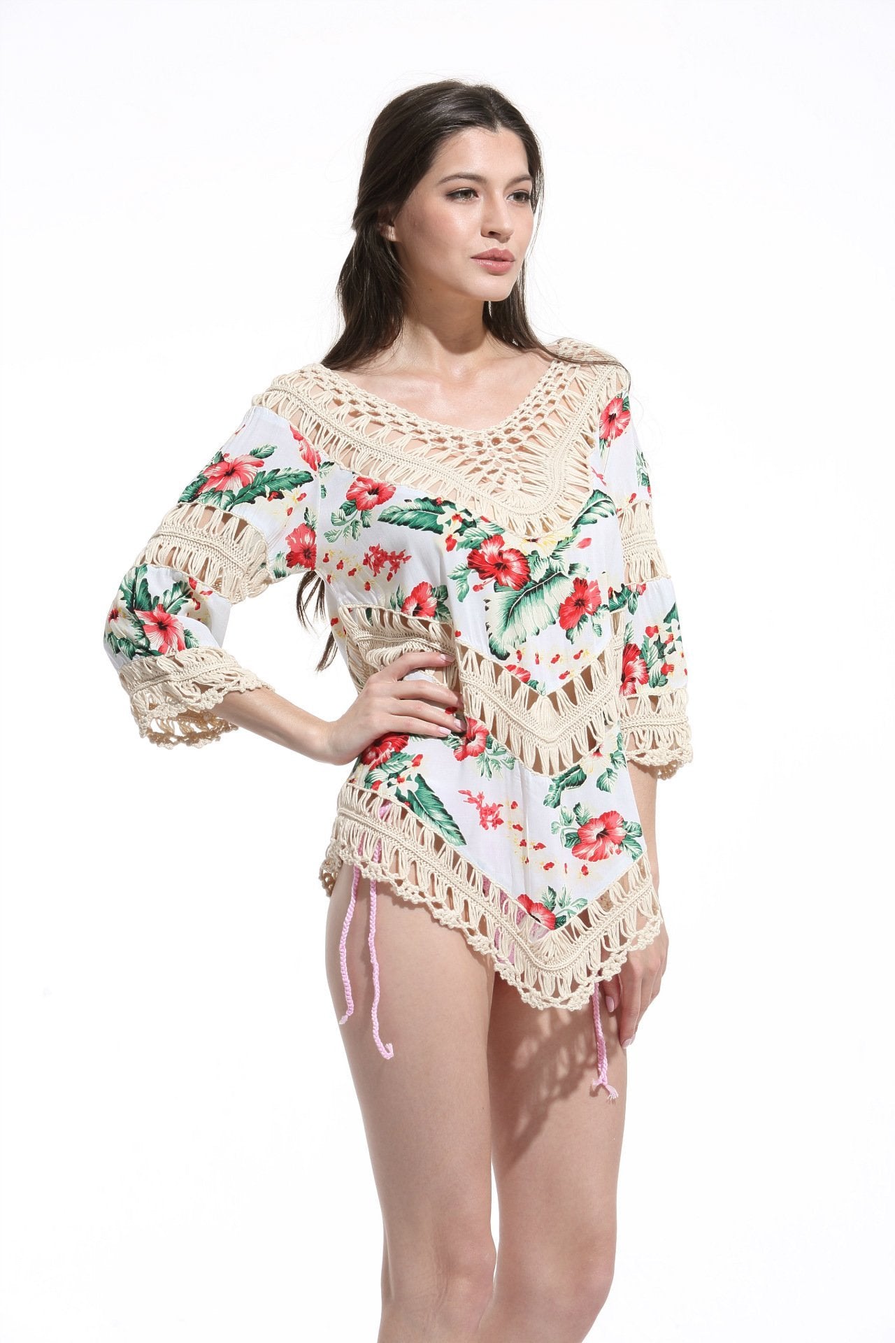 Print Lace Pullover Beach Swimwear Tops Bikini Cover Up