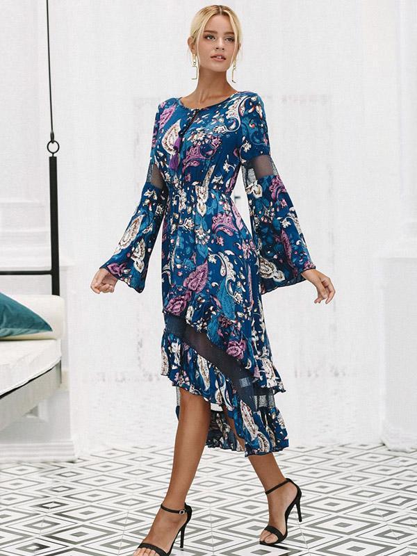 Floral Print Long Sleeve Irregular Midi Dress