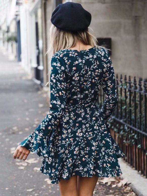 Bohemia Floral V Neck Long Sleeve Mini Dress