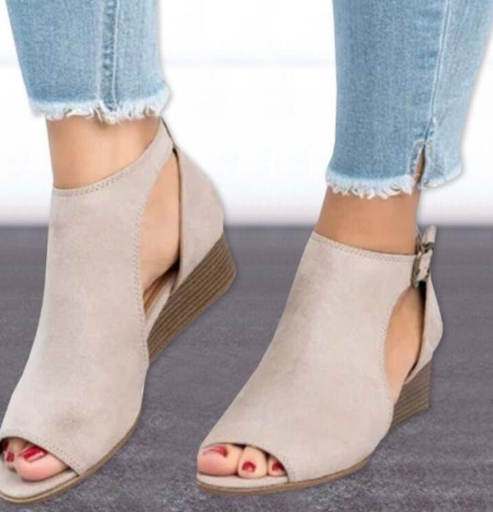 Wedge Buckles Mid Heel Peep Toe Sandal Shoes