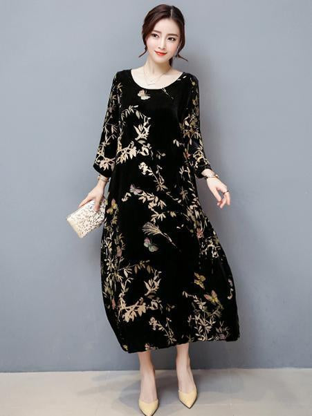 Velvet Print Round Neck Loose Maxi Dress