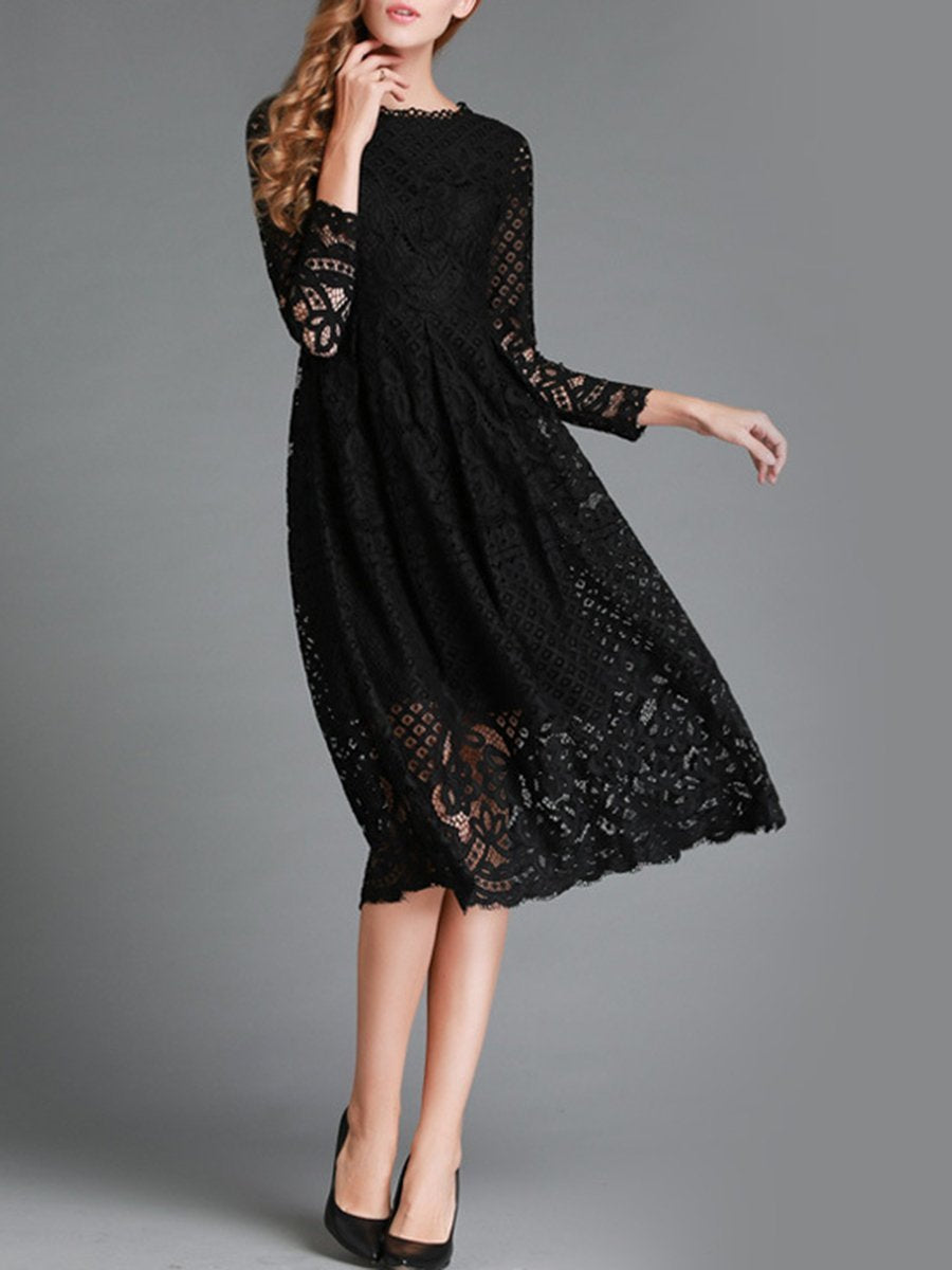 Lace Long Sleeve Hollow Pockets Dress