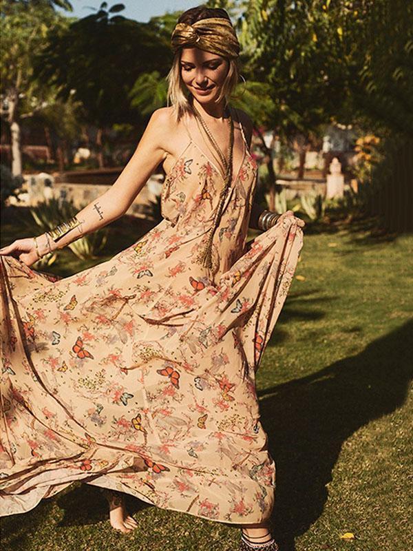 Floral Print Halter Beach Bohemia Maxi Dress