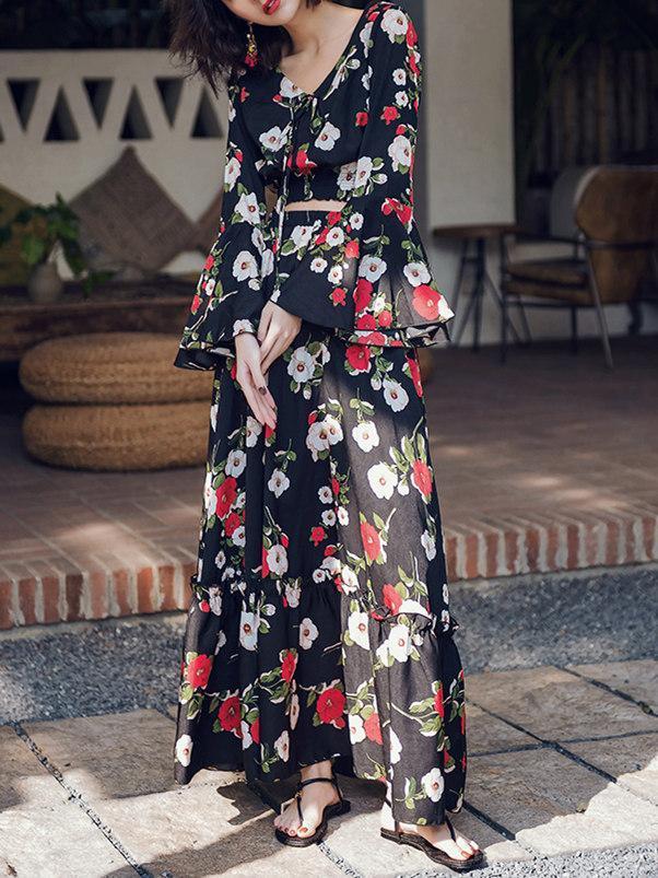 Floral Print Flare Sleeve Crop Top High Waist Maxi Skirt Two Pieces Set