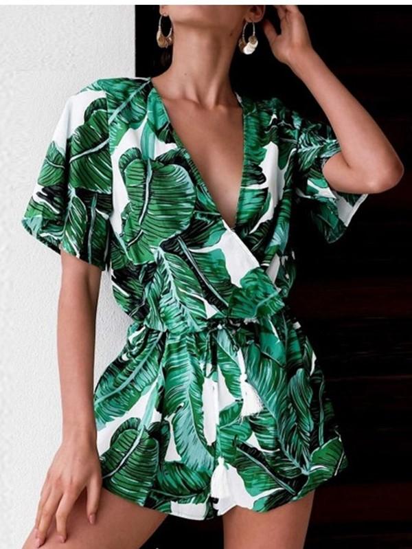 Green Leaves Tropical Floral Sleeves Fringes Bohemia Jumpsuit