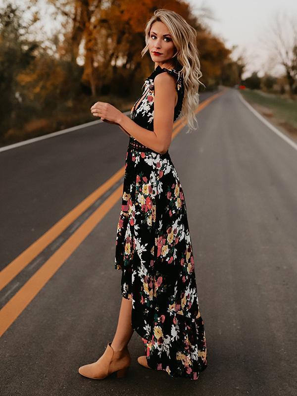 Floral Print V Neck Sleeveless High Waist Irregular Maxi Dress