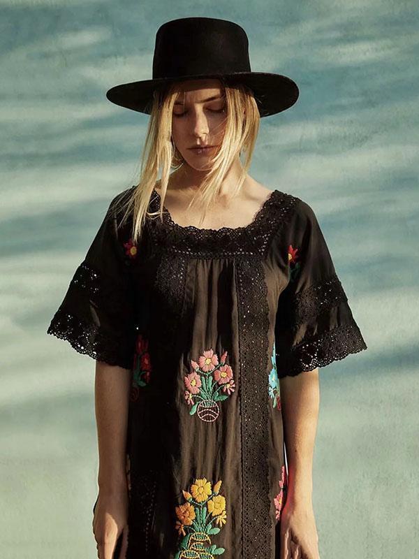 Bohemia Short Sleeve Embroidered Maxi Dress