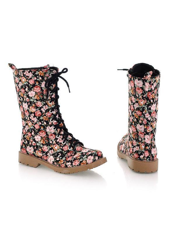 Women Floral Martin Low-heel Boots Shoes