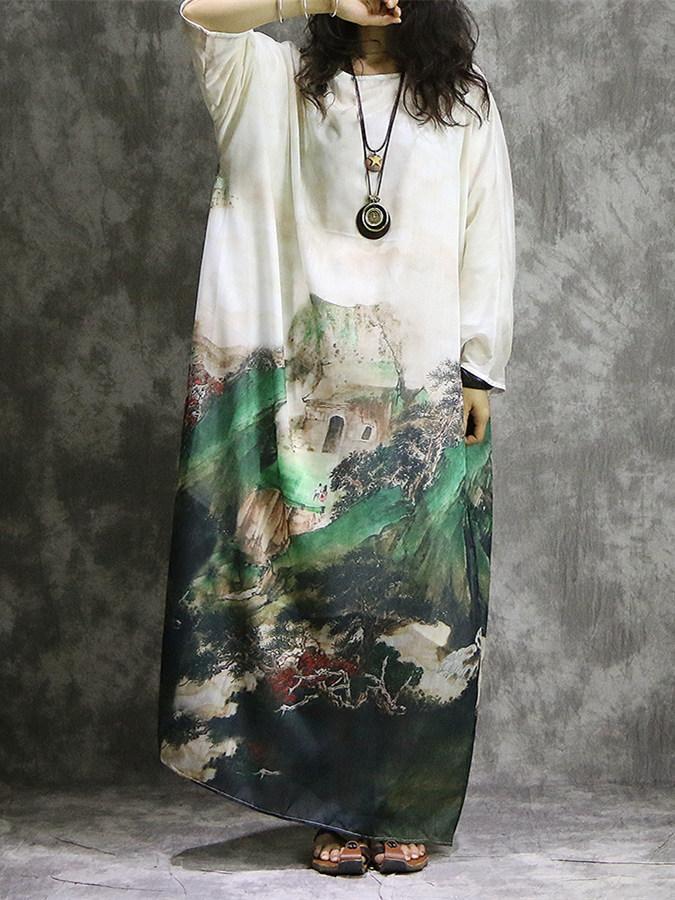 Print Plus Size Long Sleeve Loose Maxi Dress