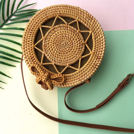 Handmade Rattan Woven Bag Round Retro Beach Handbag