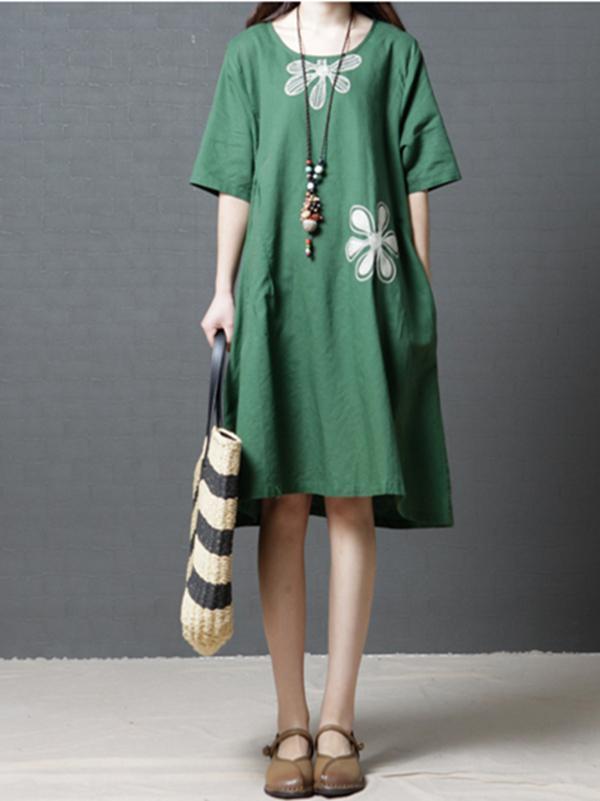 Linen Cotton Short Sleeve Loose Pockets Dress