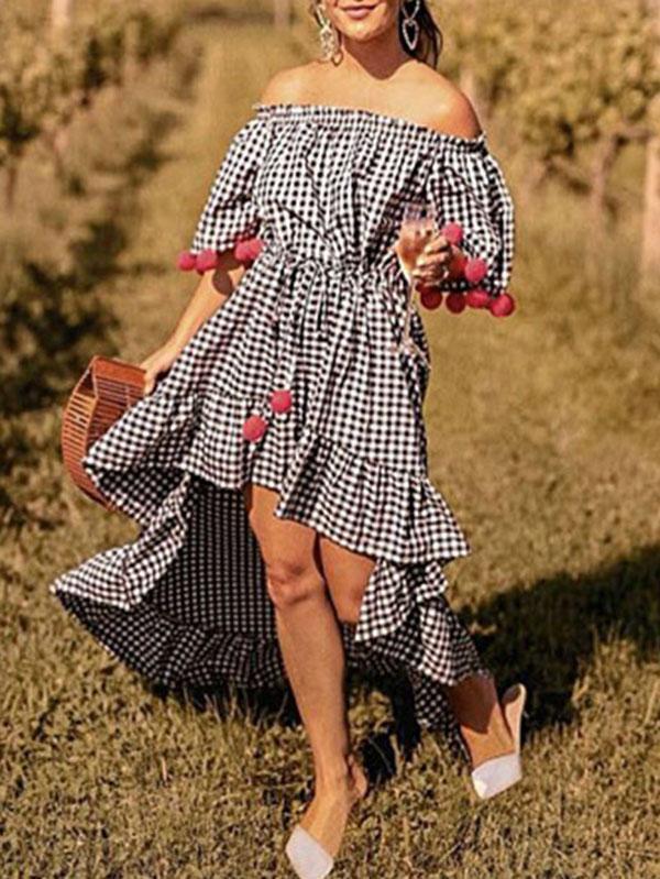 Bohemia Pompoms Knotted Checked Maxi Dress