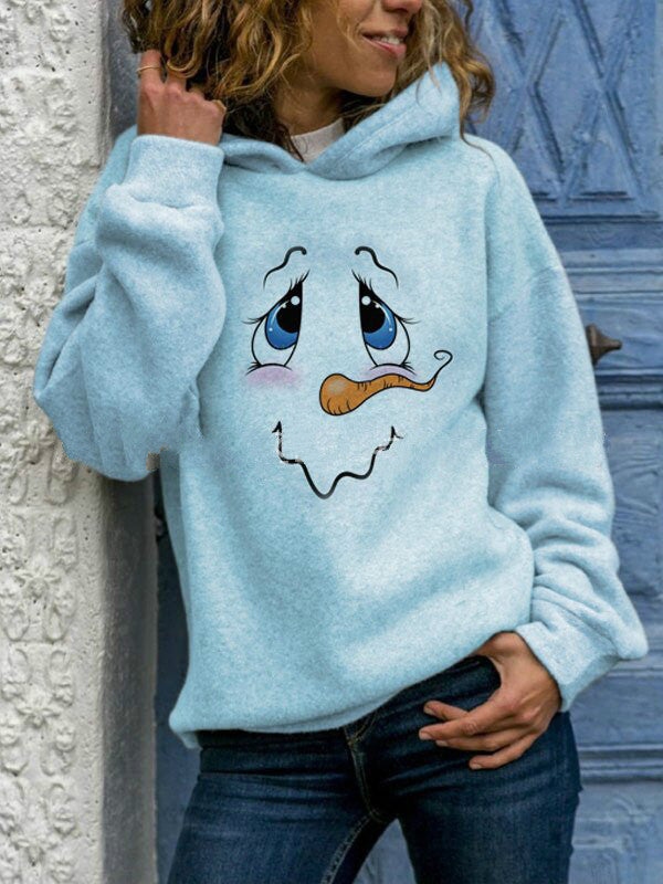 Snowman Face Print Long Sleeve Hoodies