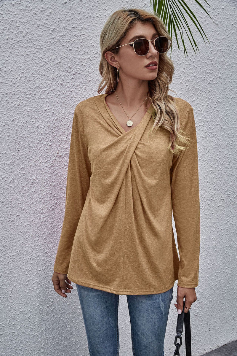 Solid Color V-neck Twisted Long-sleeved T-shirt Spot