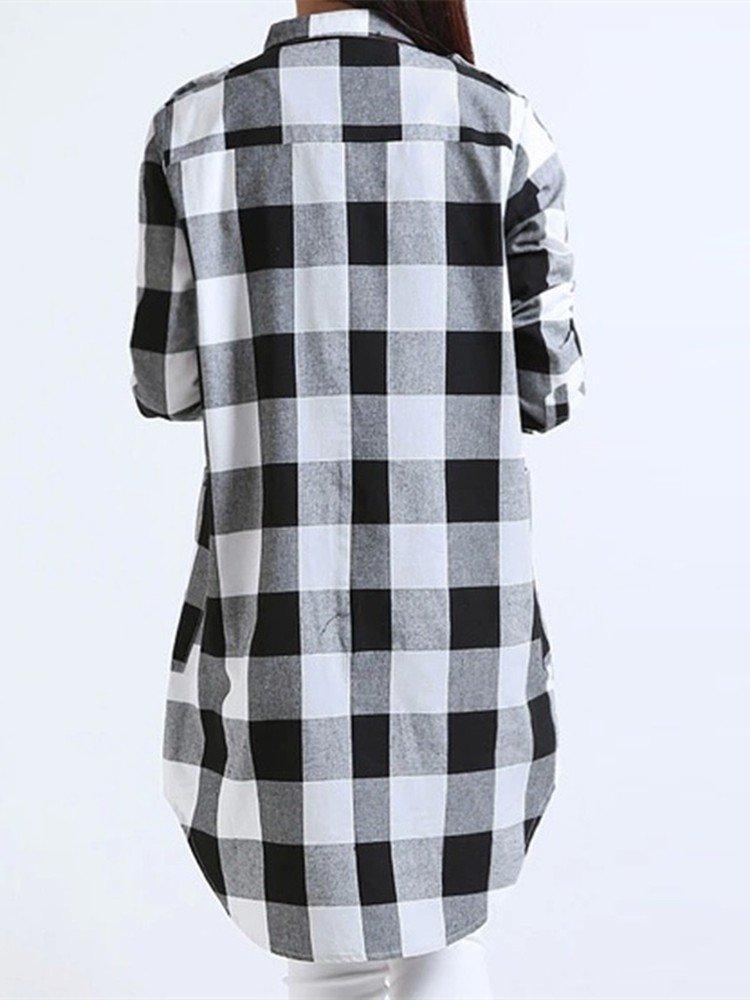 Women Long Sleeve Boyfriend Scottish Plaid Pockets Button Blouses