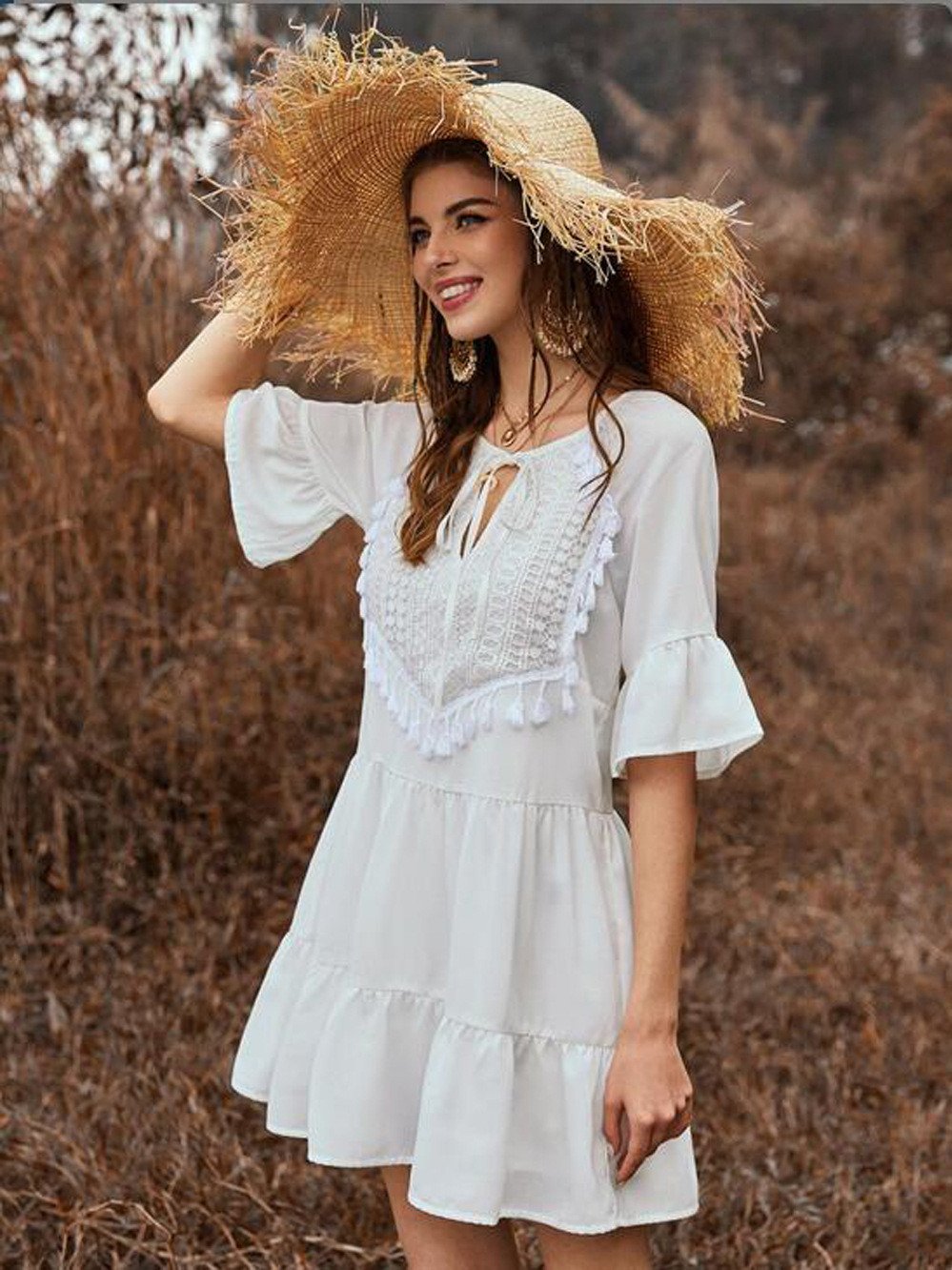 Spring and Summer Solid Color Stitching Flounce Fringed Neckline Lace Trumpet Sleeve Dress