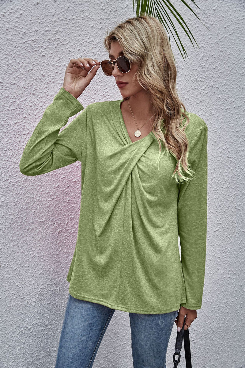 Solid Color V-neck Twisted Long-sleeved T-shirt Spot