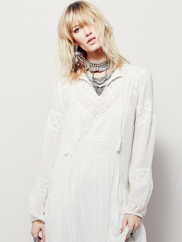 National Bohemia Inwrought Long Sleeve V Neck Beach Long Dress