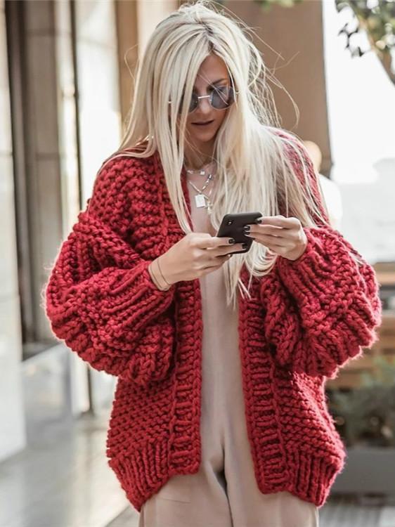 Women's Fashion Cardigans Thick Hand Knitted V-neck Open Stitch Sweaters Loose Oversized Sweater Winter Chic Boho Outerwear