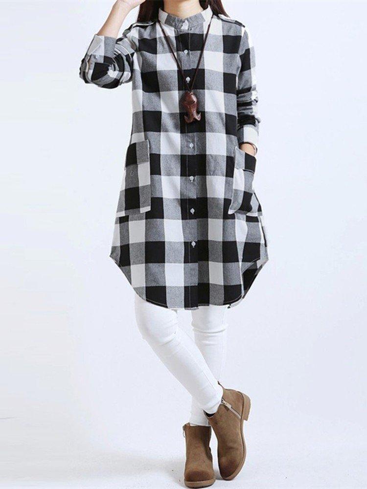 Women Long Sleeve Boyfriend Scottish Plaid Pockets Button Blouses